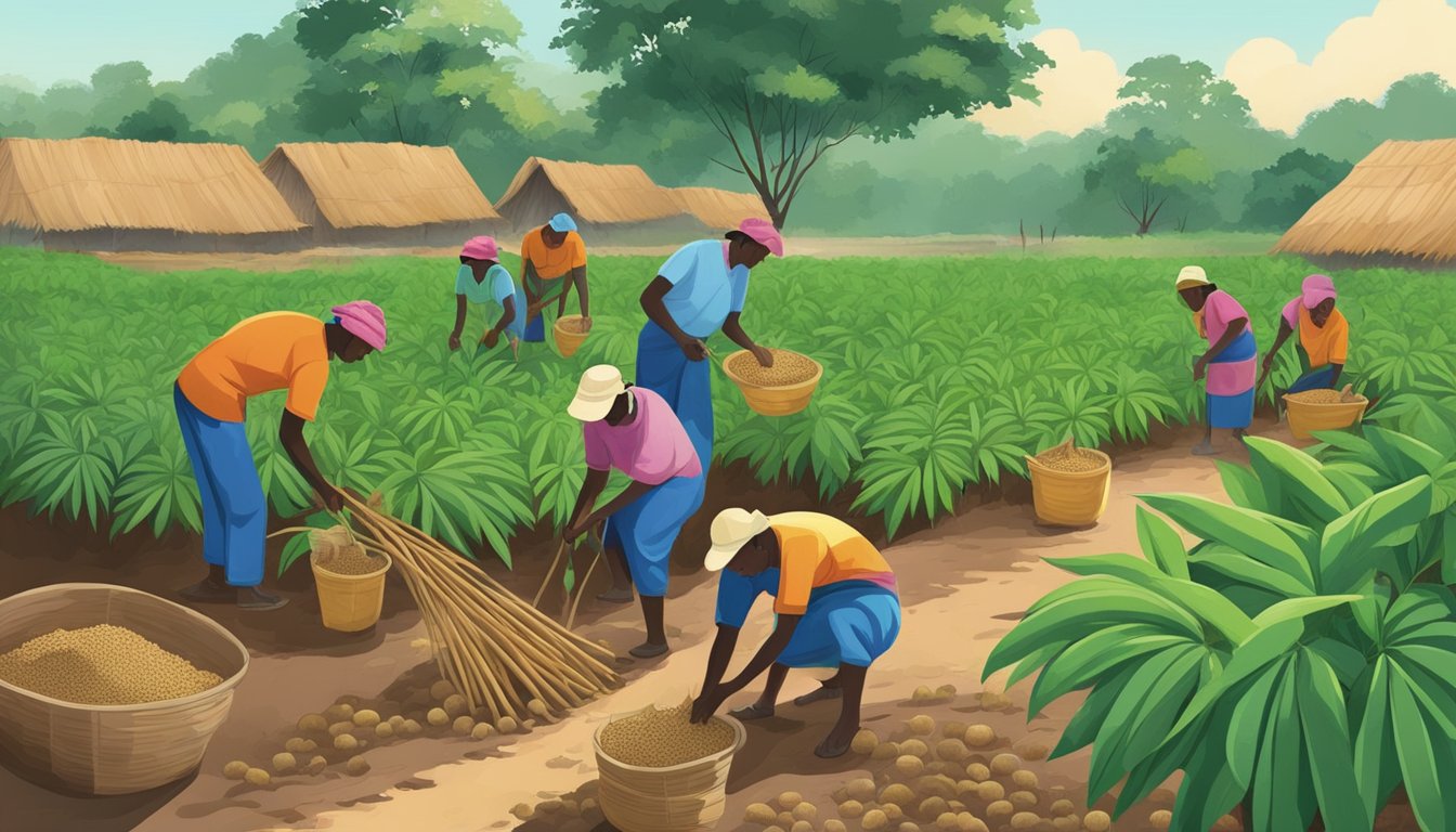 A group of people harvesting and preparing cassava in a rural village, with a focus on the plant and surrounding environment