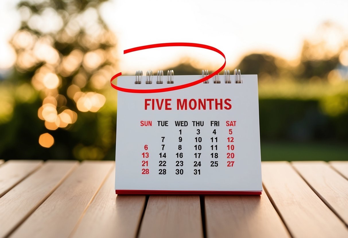 A calendar with the date five months before a wedding circled in red