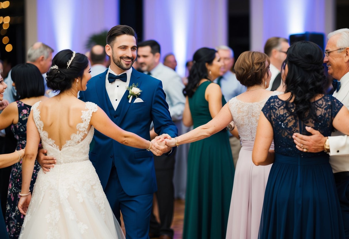 A bride and groom from different families hold hands while their relatives mingle and dance together at a wedding reception