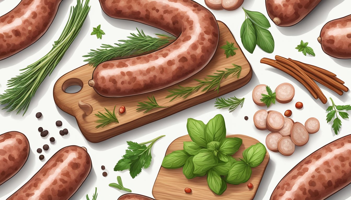 A raw sausage on a cutting board, surrounded by fresh herbs and spices