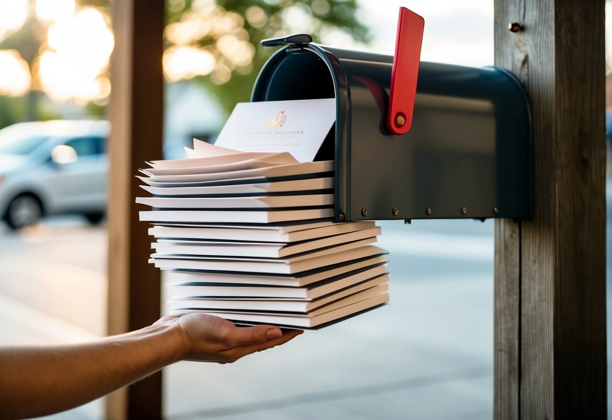 A stack of elegant wedding invitations being dropped into a mailbox