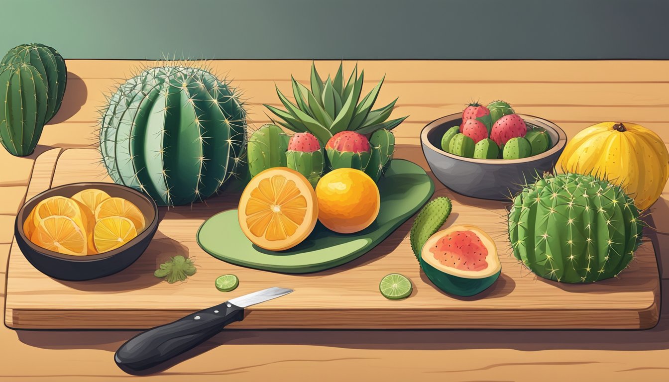 A variety of cacti pads and fruits arranged on a wooden table, with a knife and cutting board nearby