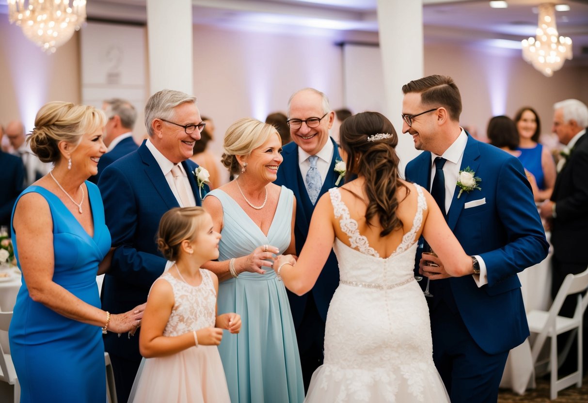 A wedding reception with two distinct family groups mingling and interacting with each other in a harmonious and joyful atmosphere