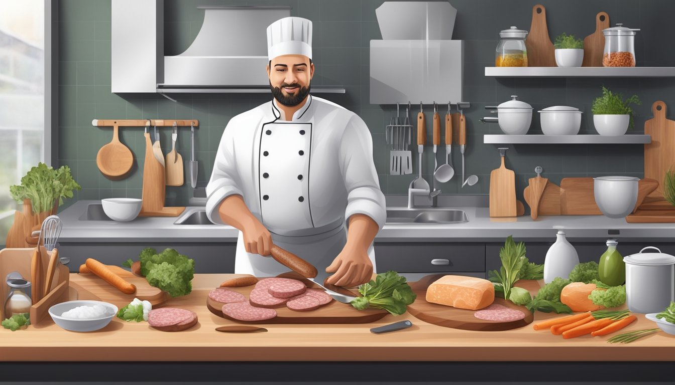 A chef using separate cutting boards for raw sausage and other ingredients, washing hands and utensils thoroughly