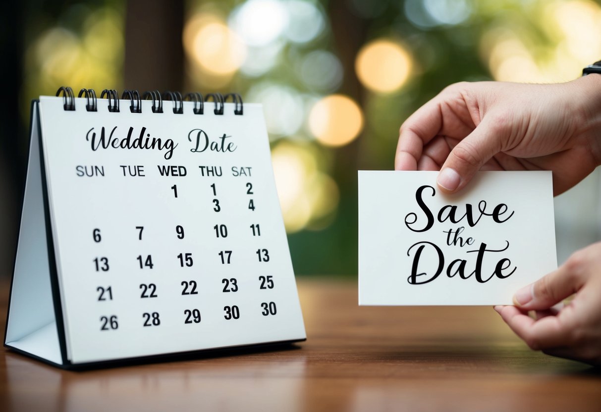 A calendar marked with the wedding date and a hand reaching out to grab a "Save the Date" card