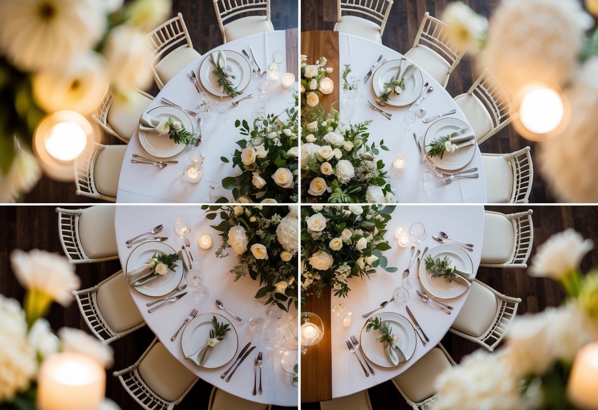 A beautifully decorated wedding reception with two separate family tables coming together in harmony, surrounded by elegant floral arrangements and soft ambient lighting