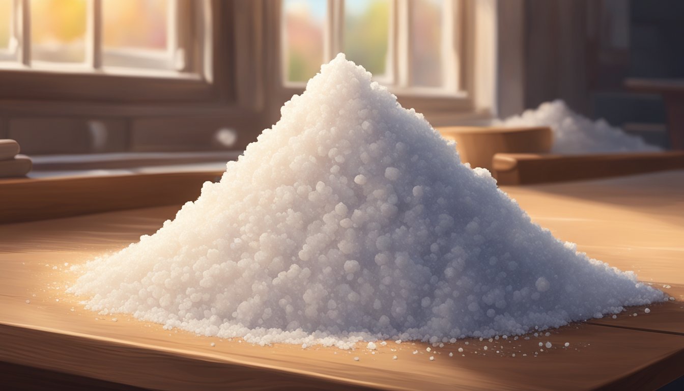 A pile of salt sits on a wooden table, illuminated by soft natural light from a nearby window