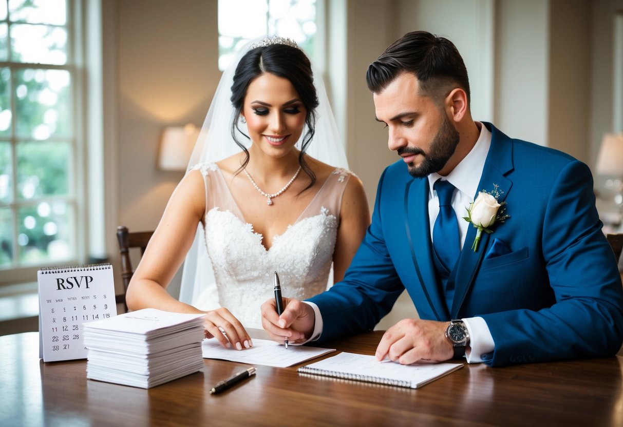A bride and groom sitting at a table with a stack of RSVP cards, a calendar, and a pen. They are discussing and filling out the cards