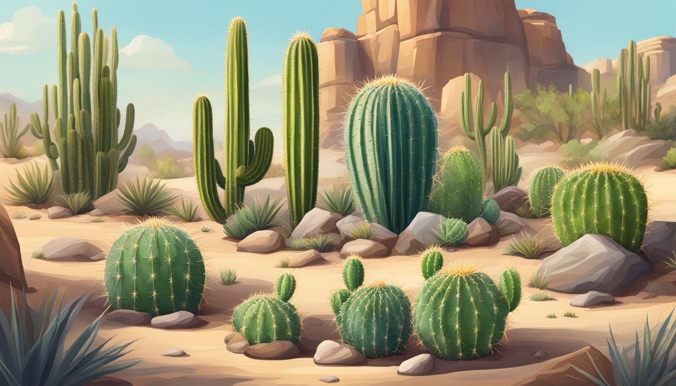 A cactus pad with prickly spines, surrounded by other desert plants and rocks