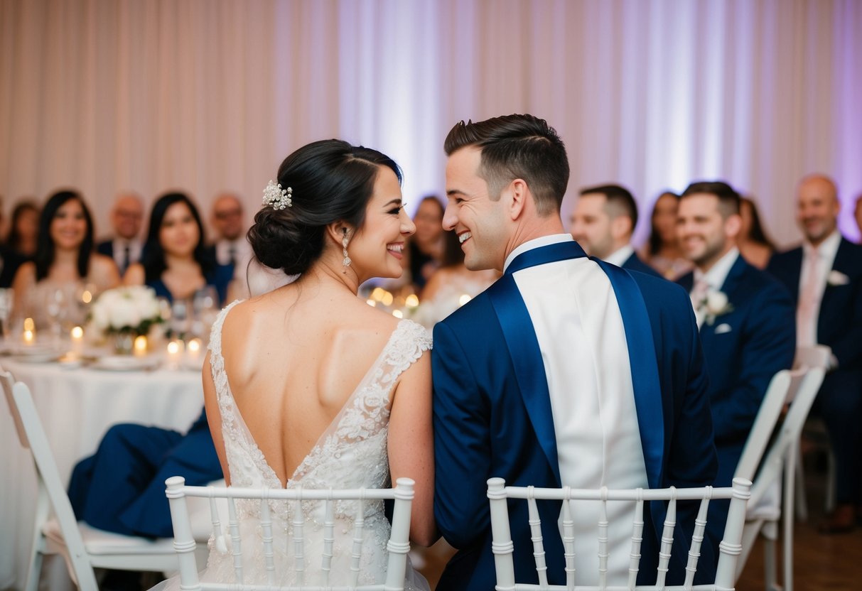 The bride and groom sit side by side at the reception, facing their guests with smiles on their faces