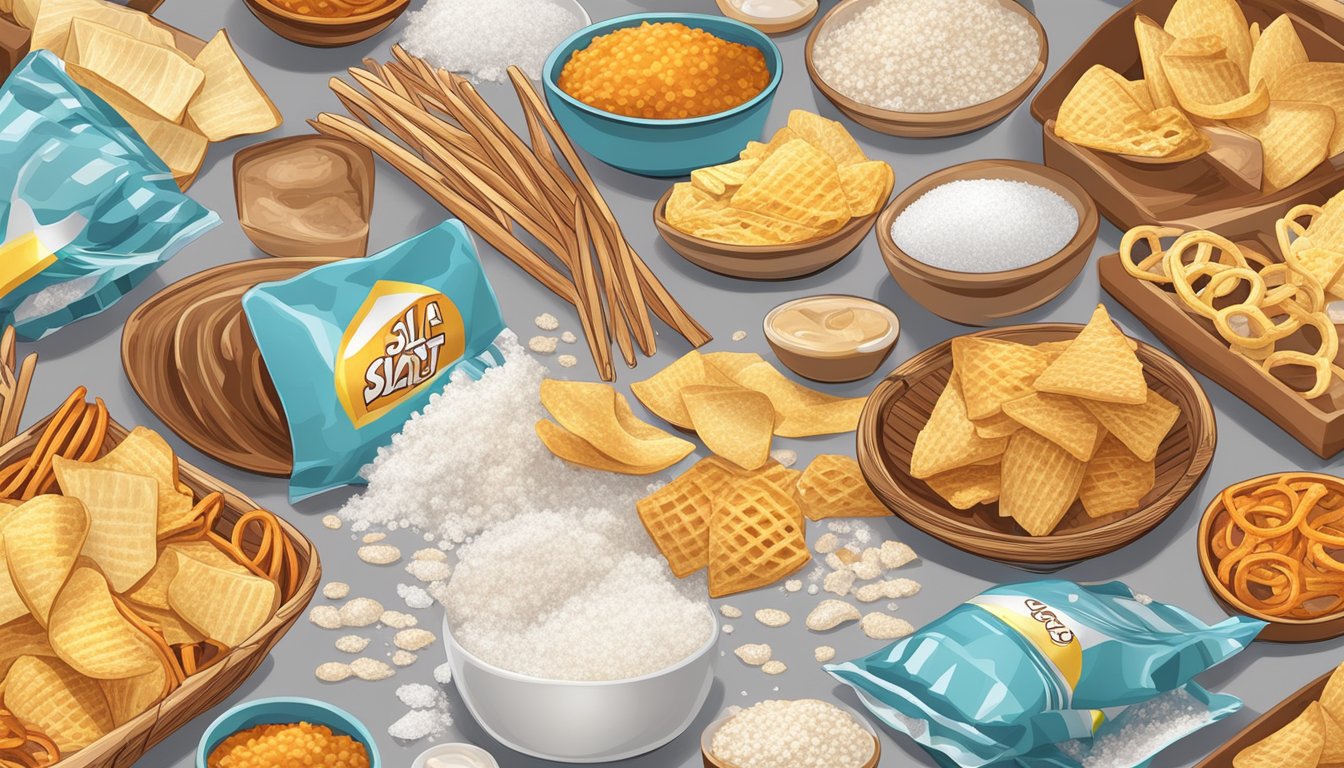 A pile of salt next to various food items like chips and pretzels