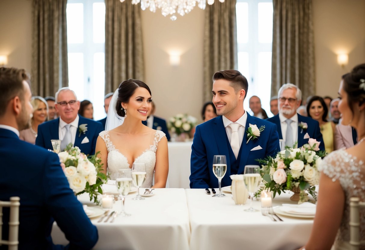 The bride and groom sit at the head table, facing their guests, with the bride on the left and the groom on the right