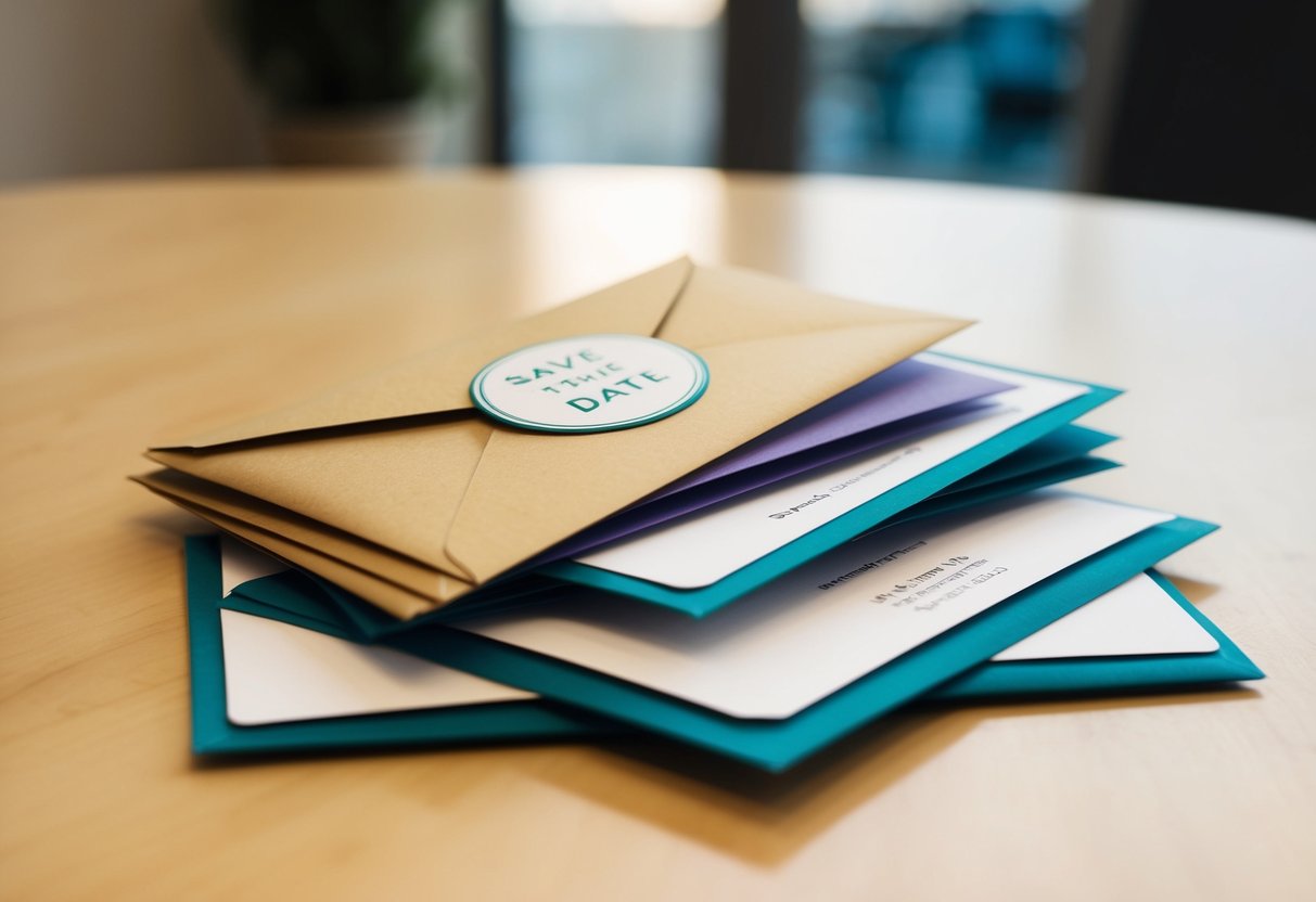 A pile of unopened envelopes, with one labeled "Save the Date" and another labeled "Invitation," sitting on a table