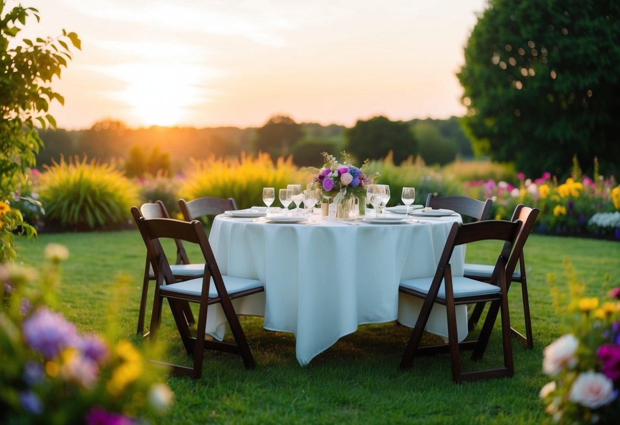 A sun setting over a tranquil garden with a table laid out for a wedding, surrounded by colorful flowers and a gentle breeze