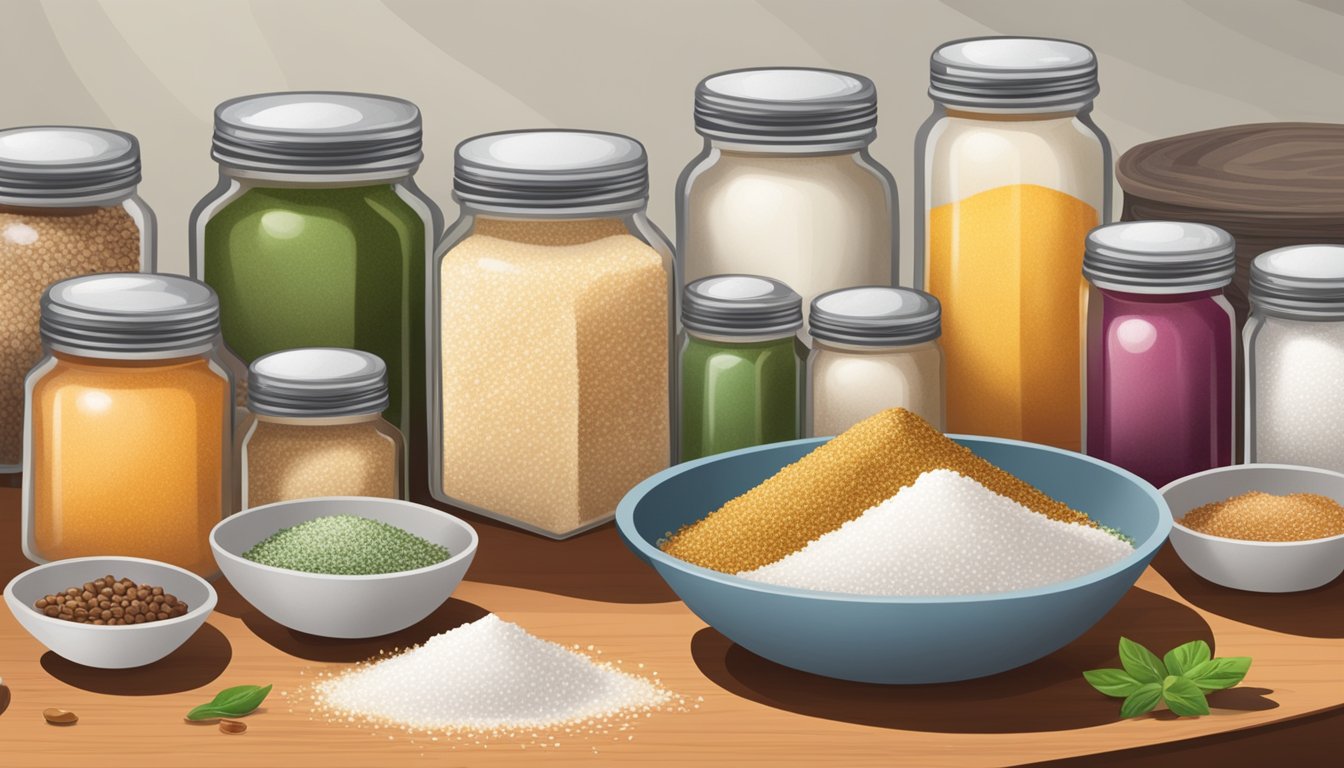 A variety of salt alternatives and seasonings arranged on a kitchen countertop