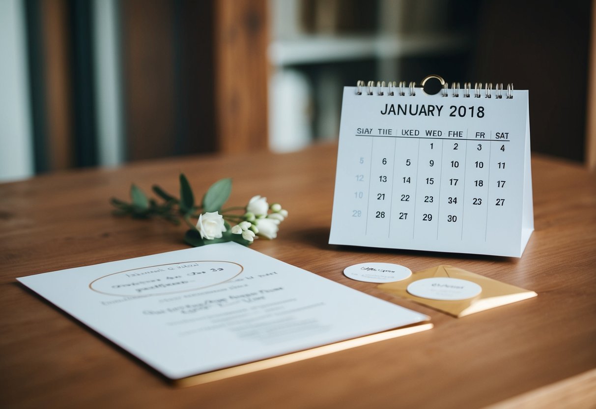 A calendar with a circled date and a wedding invitation on a table