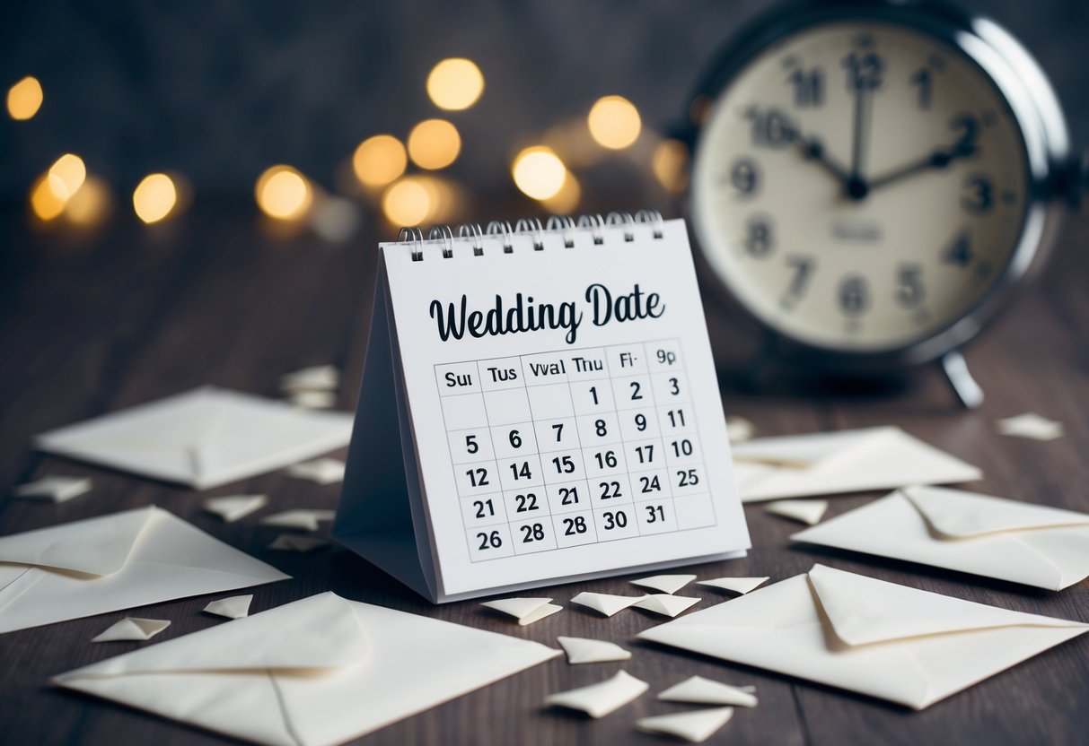 A calendar with a wedding date circled, surrounded by scattered invitation envelopes and a clock ticking in the background