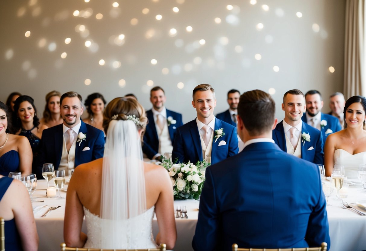 The bride and groom sit at the center of the head table, facing their guests, with their backs to the wall
