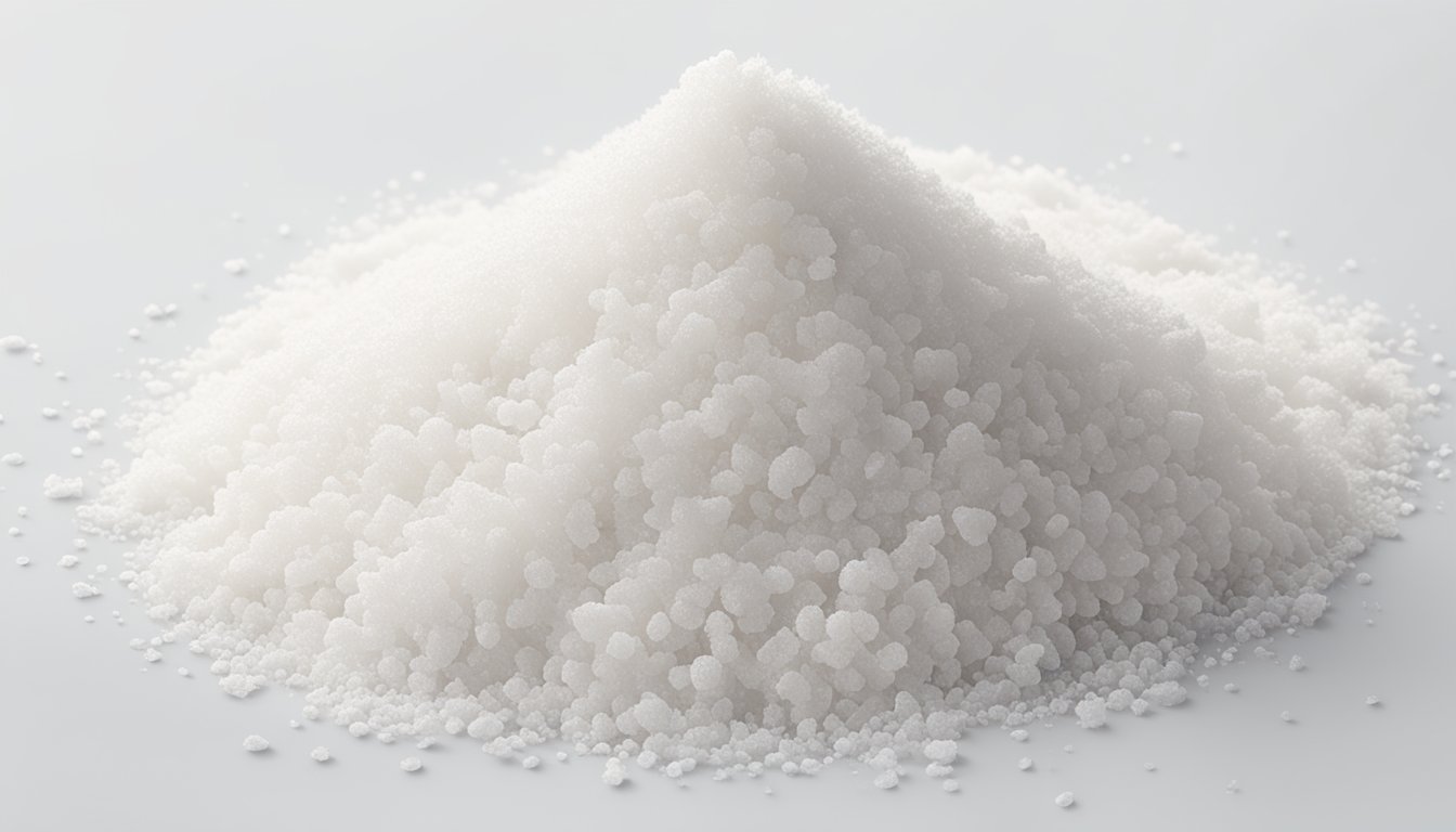 A pile of raw salt sits on a clean, white surface with no signs of contamination or impurities