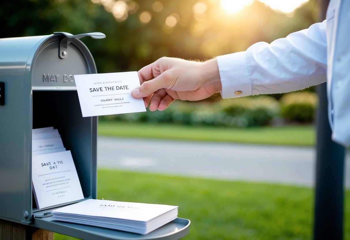 A hand placing a save the date card into a mailbox, with a stack of invitation cards nearby