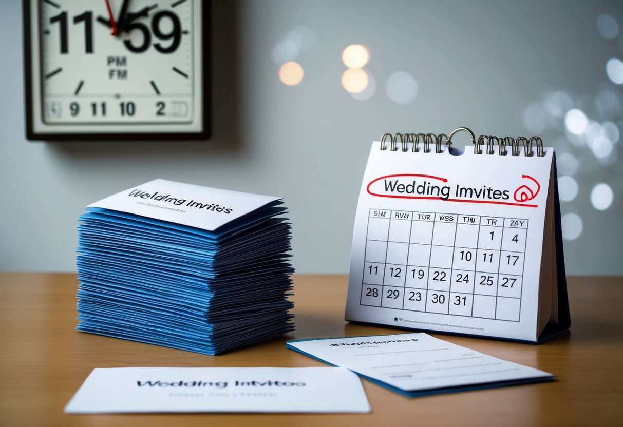 A stack of unopened envelopes labeled "Wedding Invites" sits on a table, alongside a calendar with the wedding date circled in red. The clock on the wall shows the time as 11:59 PM