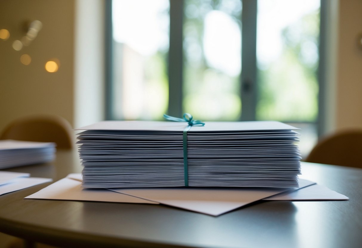 A stack of unopened wedding invitations sits on a table, the date of the event fast approaching