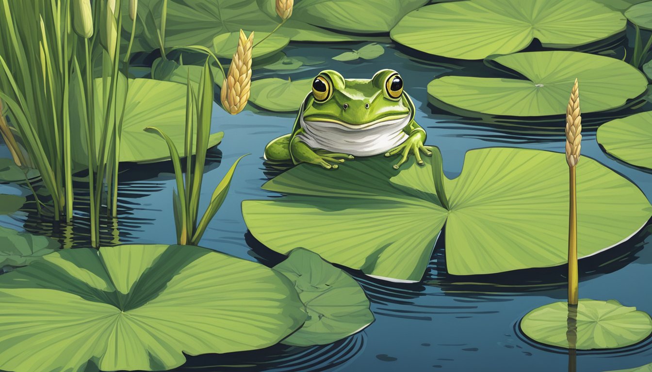 Cattail shoots surrounded by marsh plants, with a frog perched on a nearby lily pad