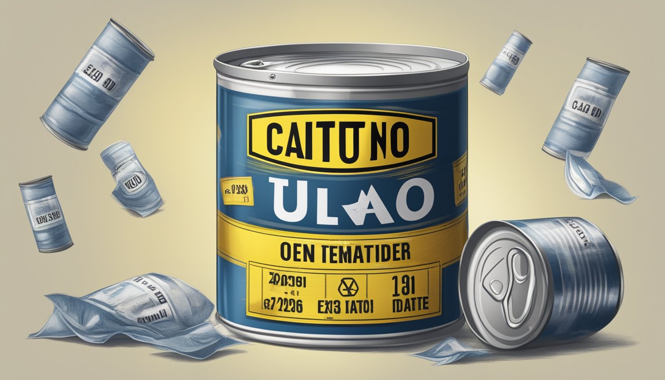 An open can of expired tuna surrounded by caution signs and a crossed-out expiration date