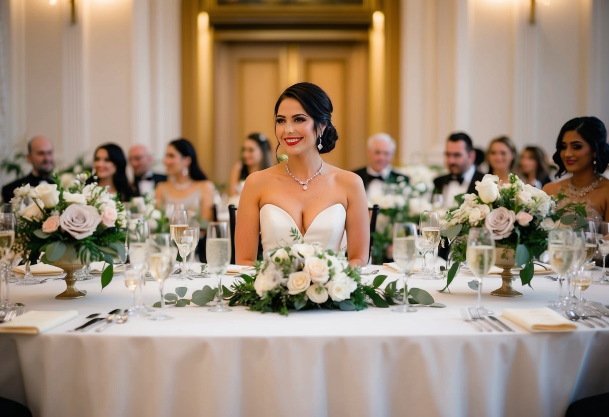 A woman in an elegant dress sits at the head table, surrounded by floral centerpieces and sparkling table settings