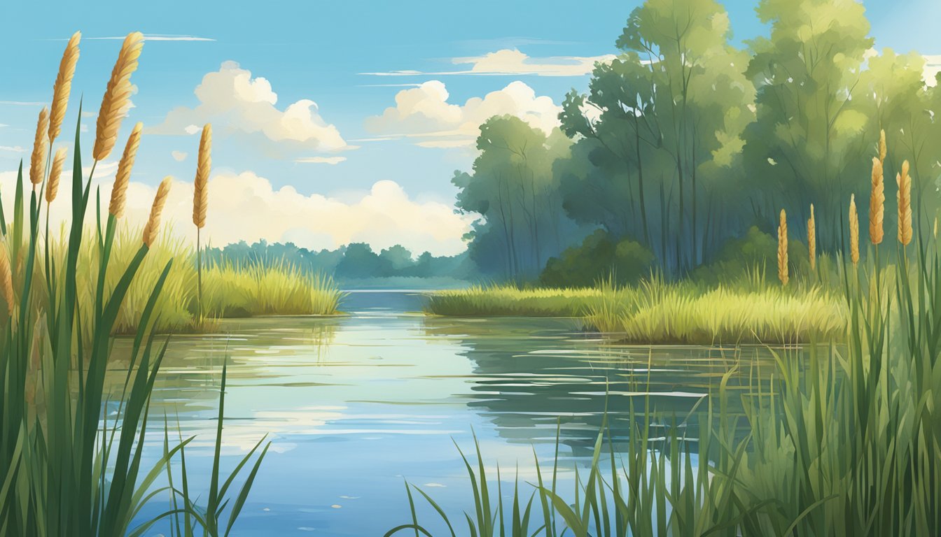 A serene wetland with tall cattails growing along the water's edge, surrounded by lush green vegetation and a clear blue sky above