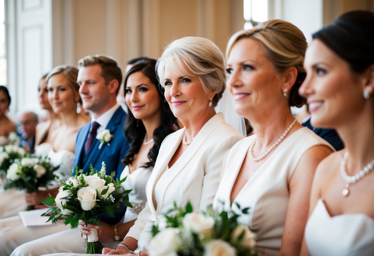 The mother of the bride sits in the front row on the left side of the aisle