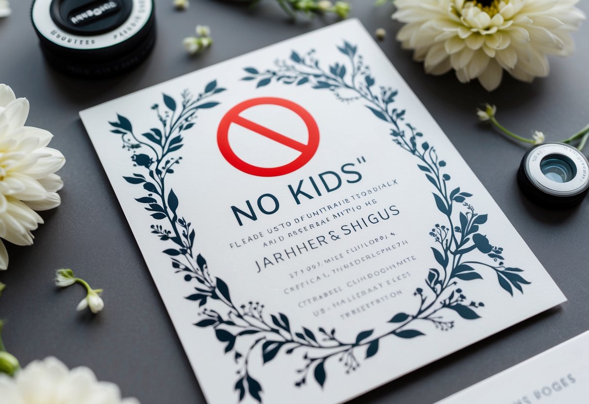 A wedding invitation with a stylized "no kids" symbol surrounded by elegant floral designs