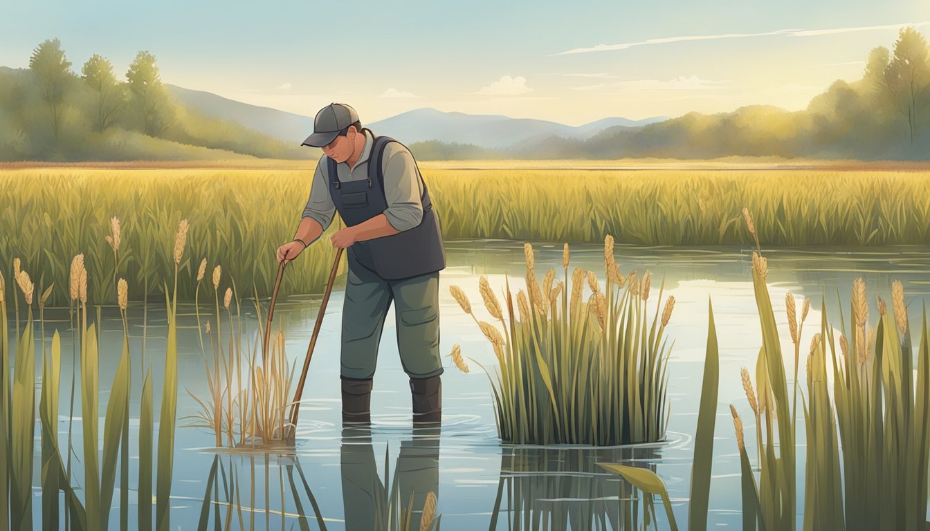 A person foraging for cattails in a wetland, carefully selecting and inspecting the young shoots before harvesting