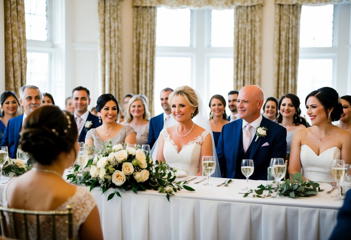 The mother of the bride is seated at the head table, surrounded by close family members and the bridal party