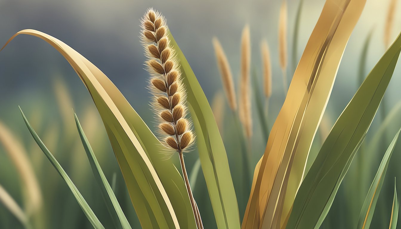 A close-up of a cattail plant with its distinctive brown cylindrical seed head and long, narrow leaves, set against a natural background