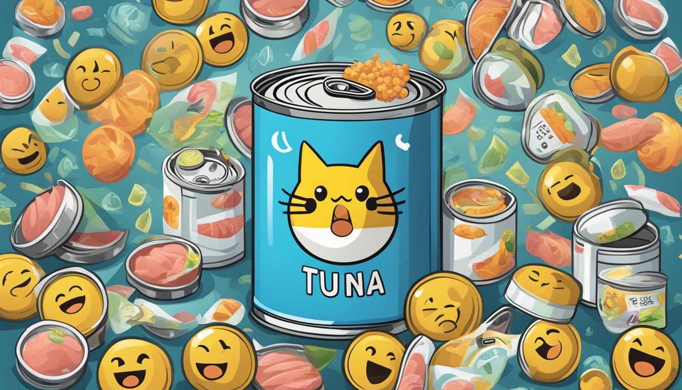 An open can of expired tuna surrounded by warning signs and a nauseated emoji