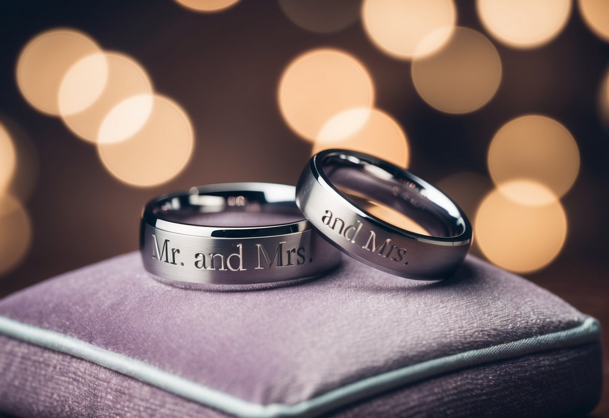 A wedding ring on a velvet cushion, with "Mr." and "Mrs." engraved on the inside of the bands