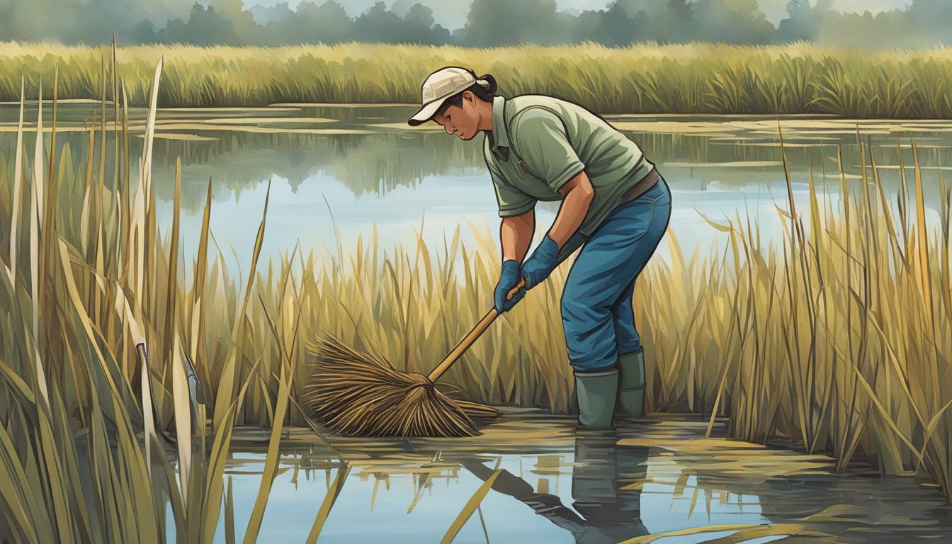 A person in rubber boots harvesting cattails in a marshy wetland