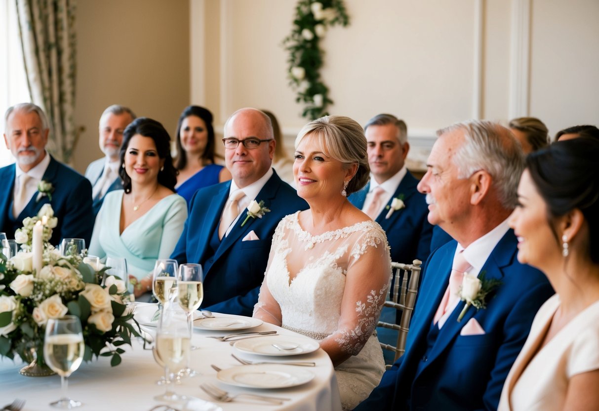 The mother of the bride is seated at a round table near the head table, surrounded by close family and friends