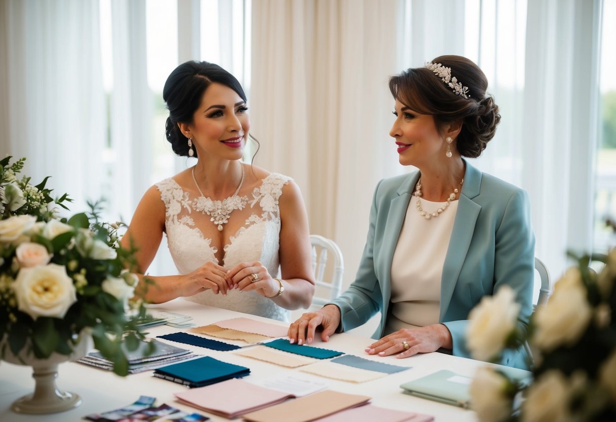 A wedding planner sits with the mother of the bride, discussing details at a table strewn with fabric swatches and floral arrangements