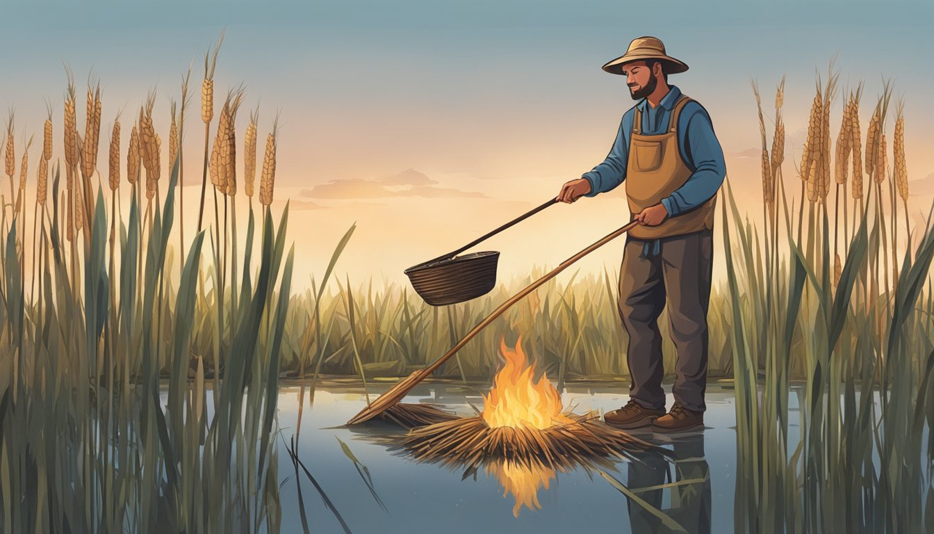 A person harvesting cattails from a wetland, then cooking and preparing them for consumption over a campfire