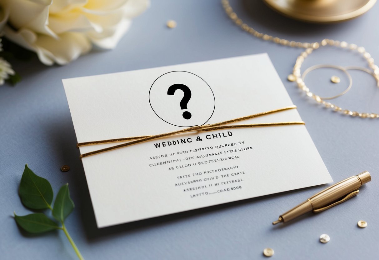 A wedding invitation with a crossed-out child symbol and a question mark
