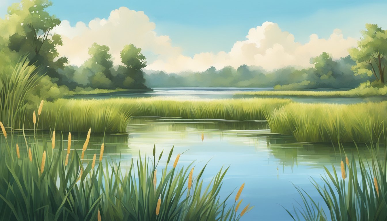 A serene wetland with cattails growing near the water's edge, surrounded by lush green vegetation and clear blue skies