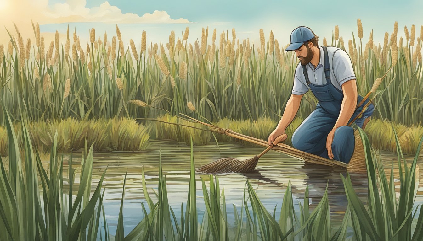 Cattails being harvested and cleaned, with a focus on the edible shoots