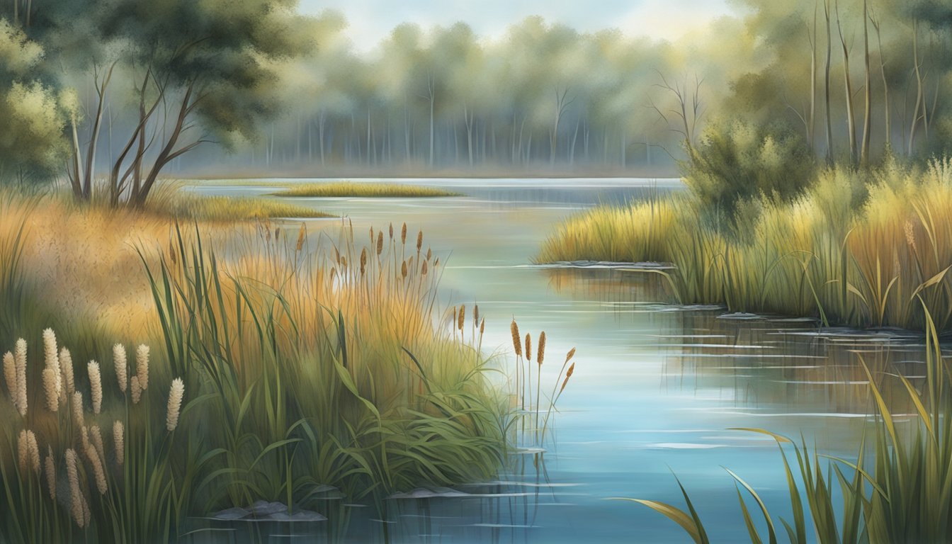 A serene wetland with cattails swaying in the breeze, surrounded by diverse wildlife and clear water