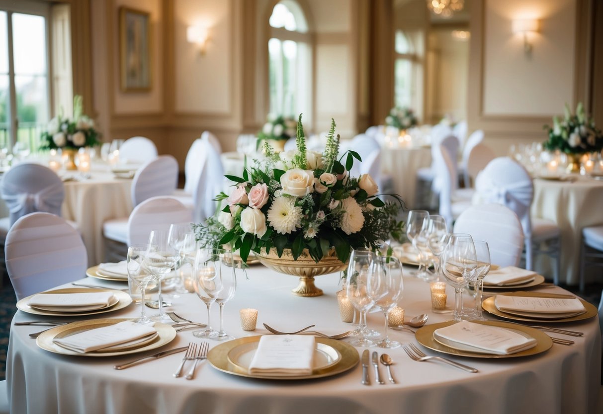 A beautifully decorated bridal table with elegant place settings and floral centerpieces, traditionally occupied by the bride, groom, and their closest family and friends