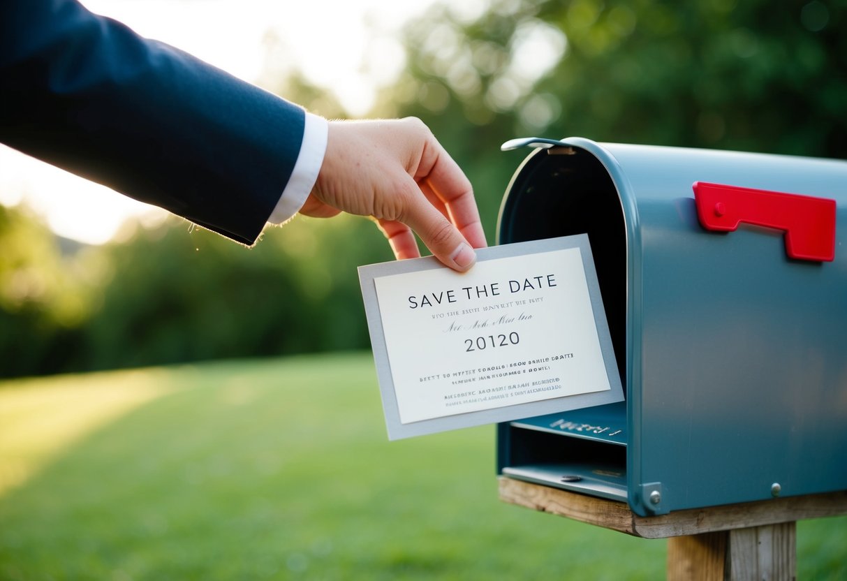 A hand placing a save the date card into a mailbox