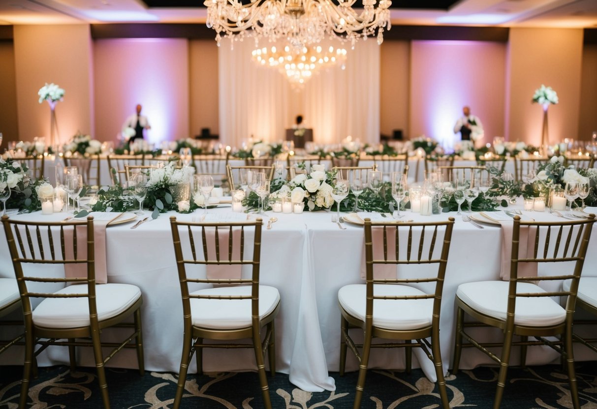A beautifully decorated head table at a wedding reception, with designated seating for the bride, groom, and their closest family and friends