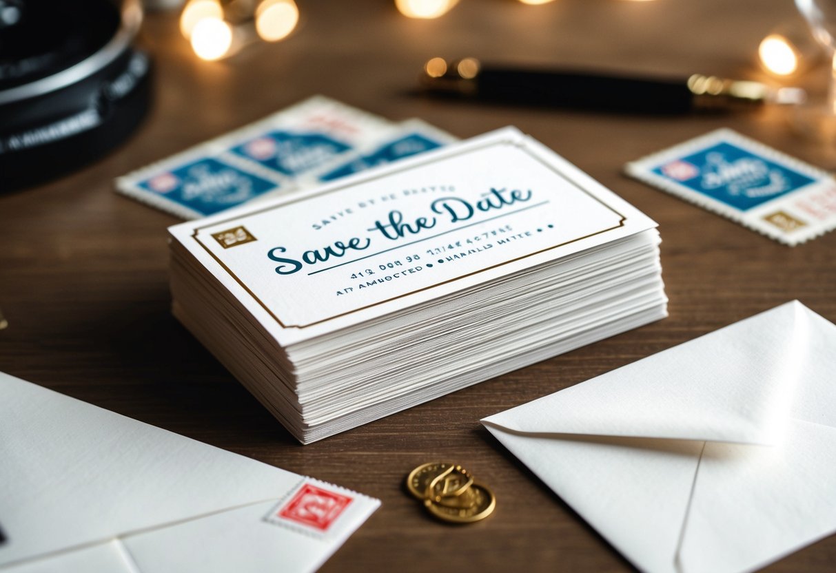 A stack of save the date cards with stamps and envelopes ready to be mailed