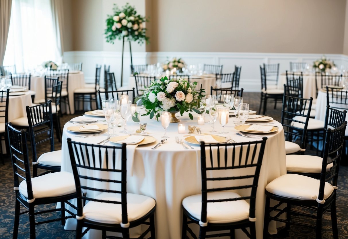 The bridal table is adorned with elegant place settings and a floral centerpiece, surrounded by empty chairs awaiting the bride, groom, and their closest family and friends